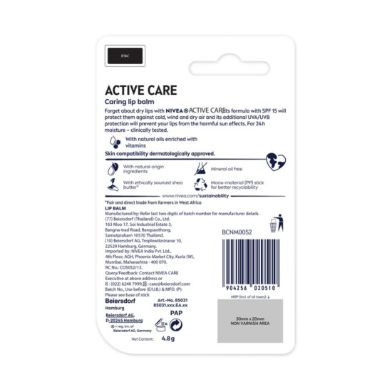 NIVEA MEN Active Care Lip Balm - 24 H Melt-in Moisture Formula
