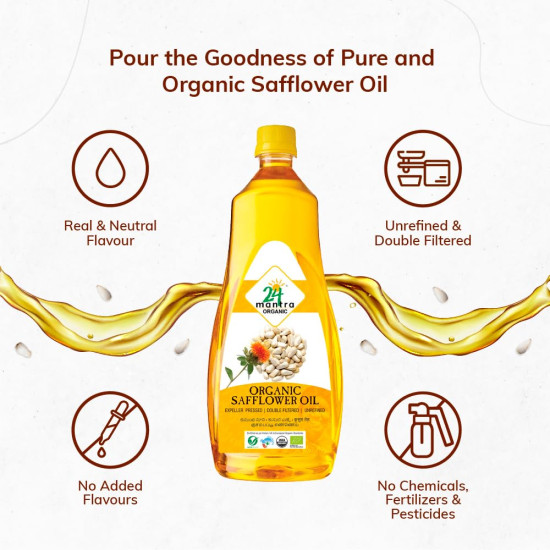 24 Mantra Organic Unrefined Safflower Oil - 1 L | 100% Organic & Chemical Free