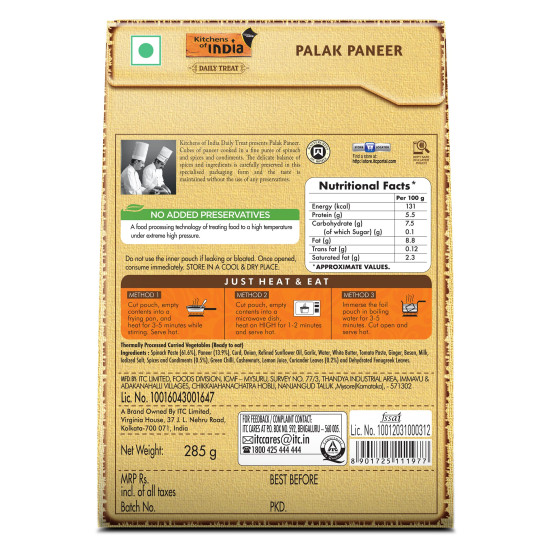 Kitchens of India Daily Treat Ready Meals - Palak Paneer, 285g - Authentic Indian Cuisine