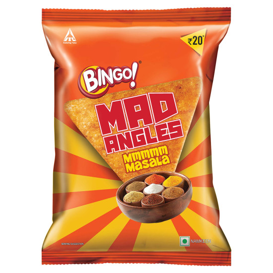 Bingo! Mad Angles Mmmmm Masala – Masala Flavoured Corn-Based Triangle Chips - Crunchy Delight