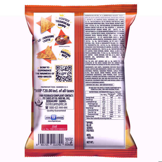 Bingo! Mad Angles Mmmmm Masala – Masala Flavoured Corn-Based Triangle Chips - Crunchy Delight