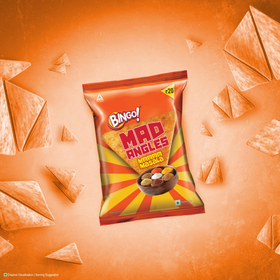 Bingo! Mad Angles Mmmmm Masala – Masala Flavoured Corn-Based Triangle Chips - Crunchy Delight