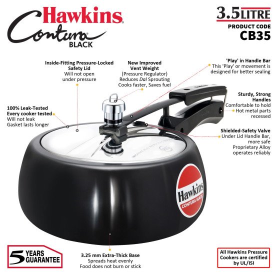 Hawkins 3.5 Litre Contura Black Pressure Cooker - Hard Anodised Inner Lid Cooker
