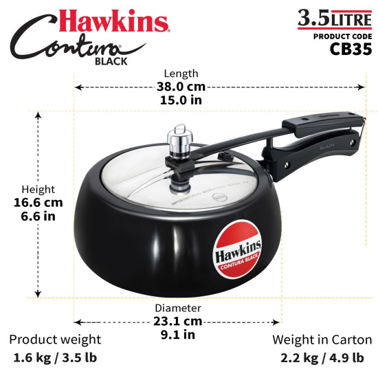 Hawkins 3.5 Litre Contura Black Pressure Cooker - Hard Anodised Inner Lid Cooker