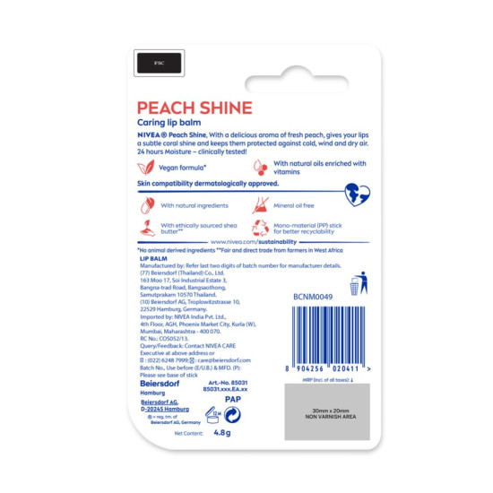 NIVEA Lip Balm, Fruity Peach Shine - Moisturizing & Shimmery