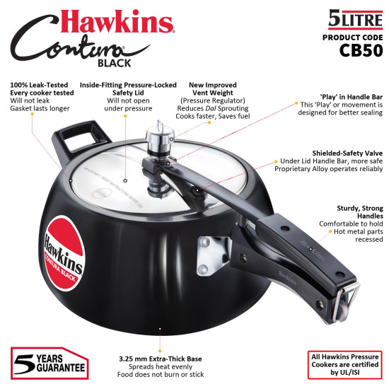 Hawkins Contura Black Pressure Cooker, 5 Litre - Hard Anodised Body