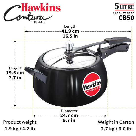 Hawkins Contura Black Pressure Cooker, 5 Litre - Hard Anodised Body