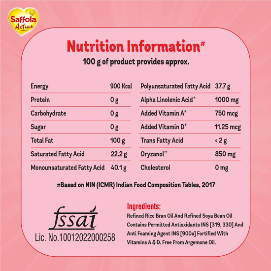 Saffola Active Refined Oil - Blend of Rice Bran & Soybean Oil