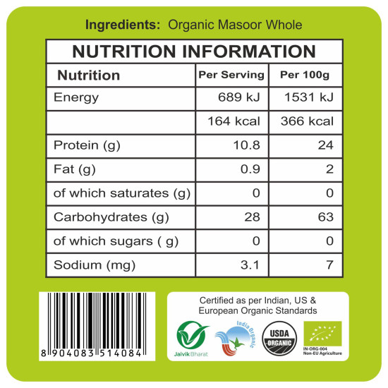 24 Mantra Organic Masoor Whole - Unpolished & High Protein