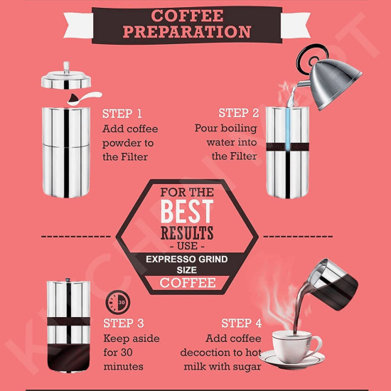 Kitchen Mart Stainless Steel South Indian Filter Coffee Drip Maker - Authentic Coffee Experience