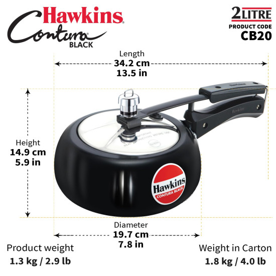 Hawkins 2 Litre Contura Black Pressure Cooker - Hard Anodised Efficiency