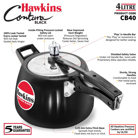 Hawkins 4 Litre Contura Black Pressure Cooker - Hard Anodised Inner Lid Hawkins 4 Litre Contura Black Pressure Cooker - Hard Anodised Inner Lid
