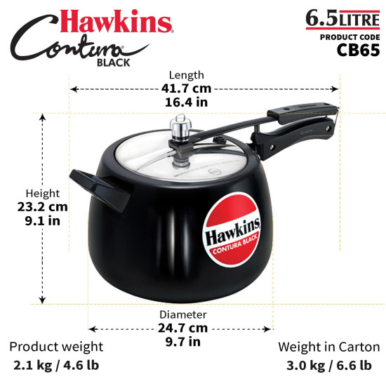 Hawkins 6.5 Litre Contura Black Pressure Cooker - Hard Anodised Inner Lid Cooker