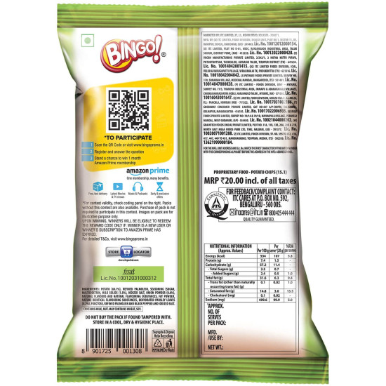 Bingo! Potato Chips - Cream & Onion - Crispy & Crunchy Snack
