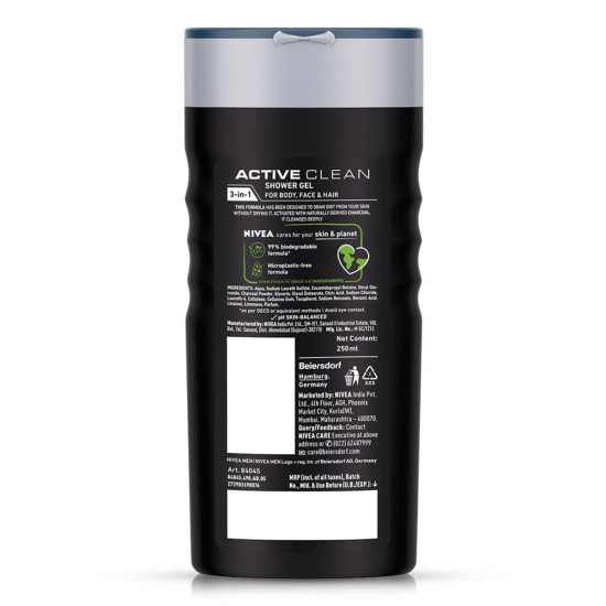 NIVEA Men Body Wash, Active Clean - Active Charcoal Formula