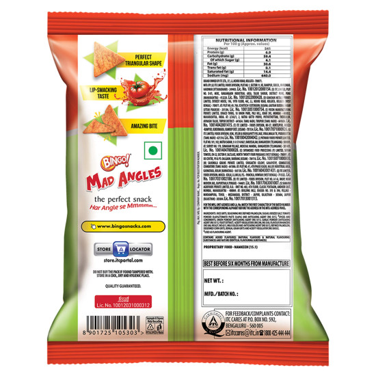 Bingo Mad Angles - Tomato Madness, 66g Pouch - Crunchy Triangular Chips