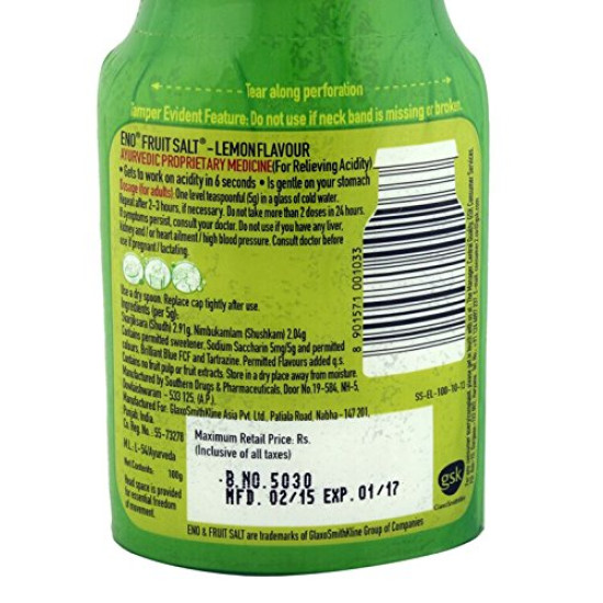 Eno Fruit Salt - Lemon, 100g Bottle - Fast Relief from Indigestion