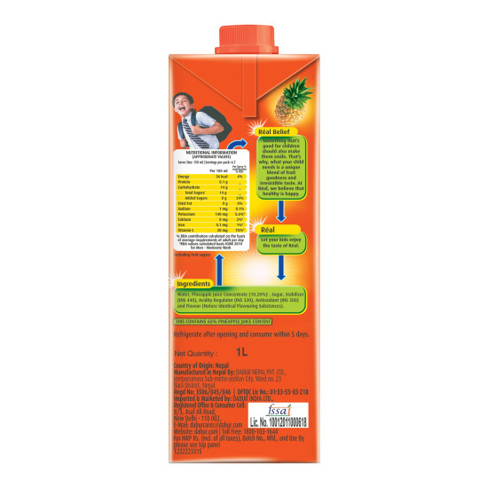 DABUR Real Pineapple Fruit Juice - 1L - Rich in Vitamin C