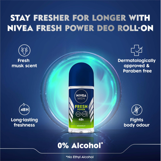 Nivea Deodorant Roll On, Fresh Power for Men - Long-lasting Freshness