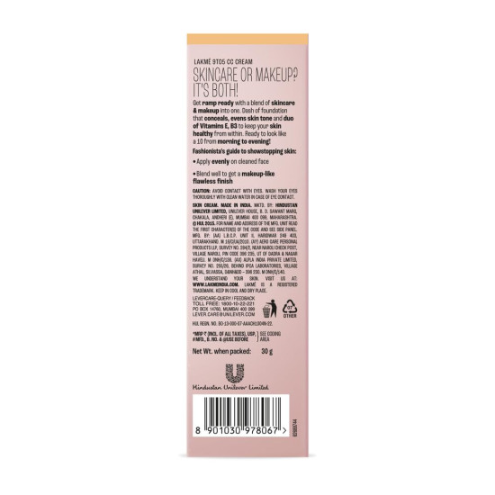 Lakme 9to5 CC Cream with SPF30 PA++ - Lightweight Moisturizer & Foundation