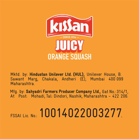 Kissan Orange Vegetarian Squash Bottle, 750Ml - Real Fruit Flavor