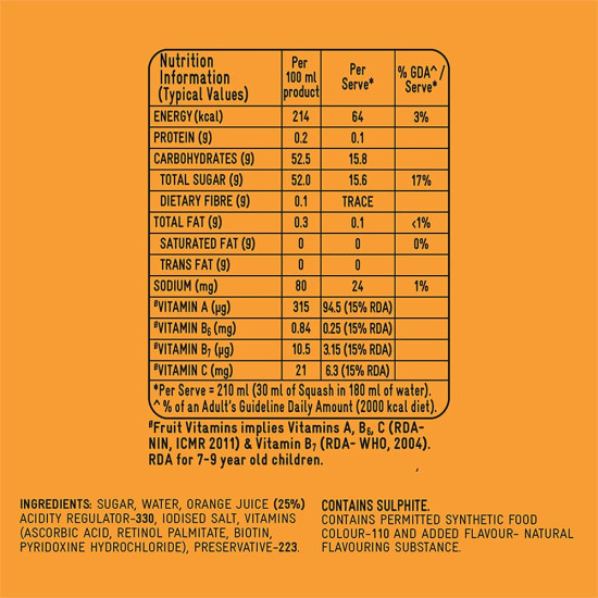 Kissan Orange Vegetarian Squash Bottle, 750Ml - Real Fruit Flavor
