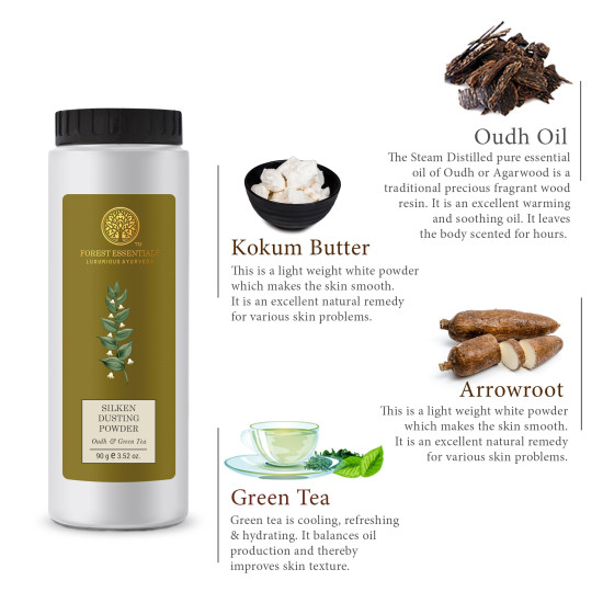 Forest Essentials Silken Dusting Powder Oudh & Green Tea - Talc-Free Natural Scent