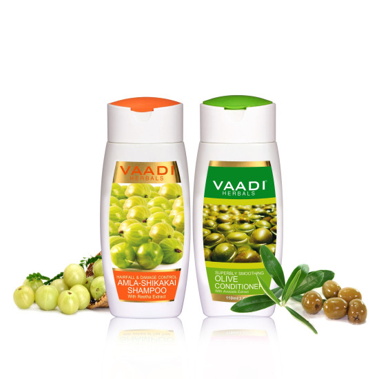 Vaadi Herbals Amla Shikakai Hair fall and Damage Control Shampoo with Olive Conditioner - Ayurvedic Hair Care