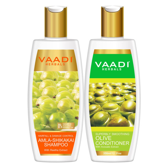 Vaadi Herbals Amla Shikakai Hair Fall and Damage Control Shampoo with Olive Conditioner - Nourishing Hair Care