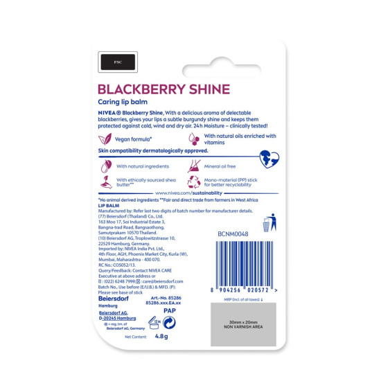 Nivea Lip Balm BlackBerry Shine - 24h Moisture & Color