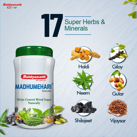 Baidyanath Madhumehari Granules - Ayurvedic Herbal Blend with Gymnema, Neem, Karela, Amla, and Shilajit - 200 gm