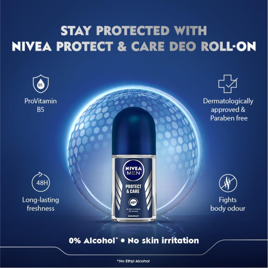 NIVEA MEN Protect and Care Roll On, 50ml - Alcohol-Free Formula