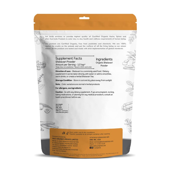 Just Jaivik Organic Shatavari Powder - Rejuvenative Vata and Pitta