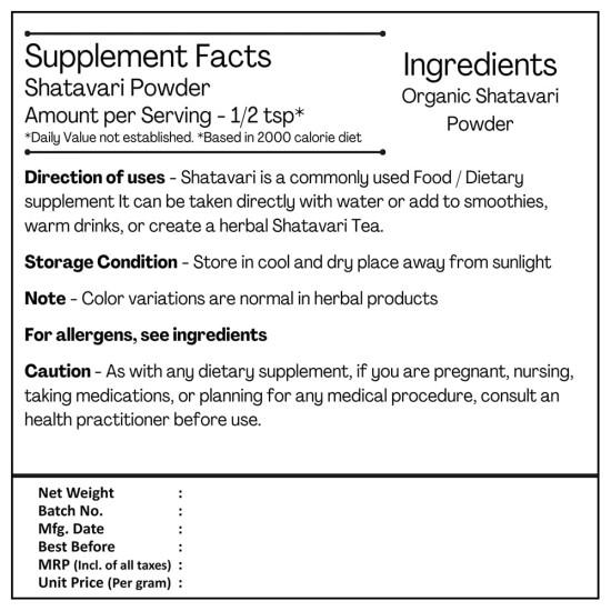 Just Jaivik Organic Shatavari Powder - Rejuvenative Vata and Pitta