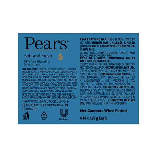 Pears Soft and Fresh Soap Bar (Combo Pack of 4) - Glycerin & Mint Pears Soft and Fresh Soap Bar (Combo Pack of 4) - Glycerin & Mint
