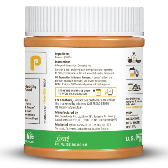 Pintola All Natural Peanut Butter (Crunchy) - 30g Protein, Unsweetened