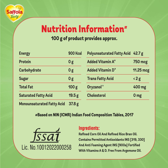Saffola Tasty Refined Oil - Blend of Corn & Rice Bran Oil Saffola Tasty Refined Oil - Blend of Corn & Rice Bran Oil