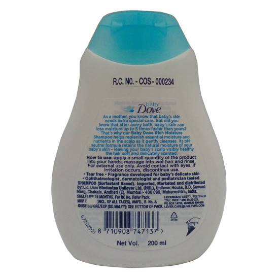 Dove Baby Shampoo - Rich Moisture, 200ml Bottle - Gentle Care for Baby's Hair