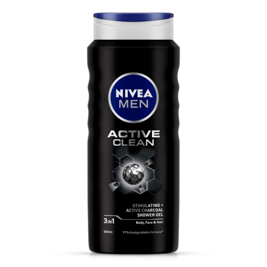 NIVEA MEN Active Clean Shower Gel 500g - 3-in-1 Formula with Active Charcoal