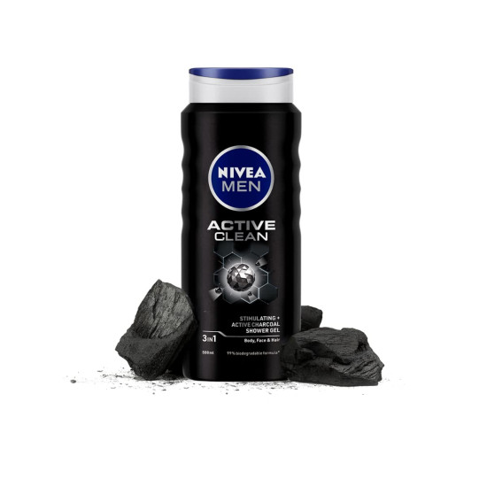 NIVEA MEN Active Clean Shower Gel 500g - 3-in-1 Formula with Active Charcoal