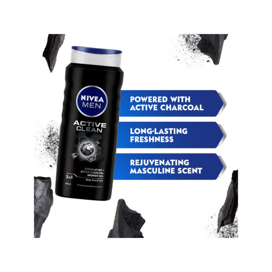 NIVEA MEN Active Clean Shower Gel 500g - 3-in-1 Formula with Active Charcoal