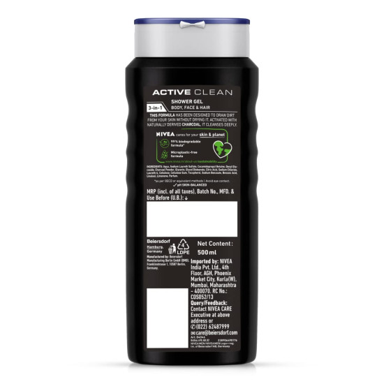 NIVEA MEN Active Clean Shower Gel 500g - 3-in-1 Formula with Active Charcoal