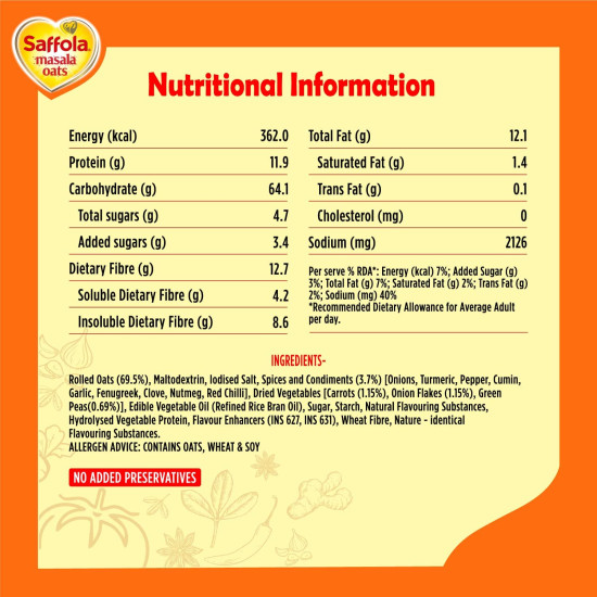 Saffola Masala Oats - Tasty & Healthy Snack - Classic Masala 500g