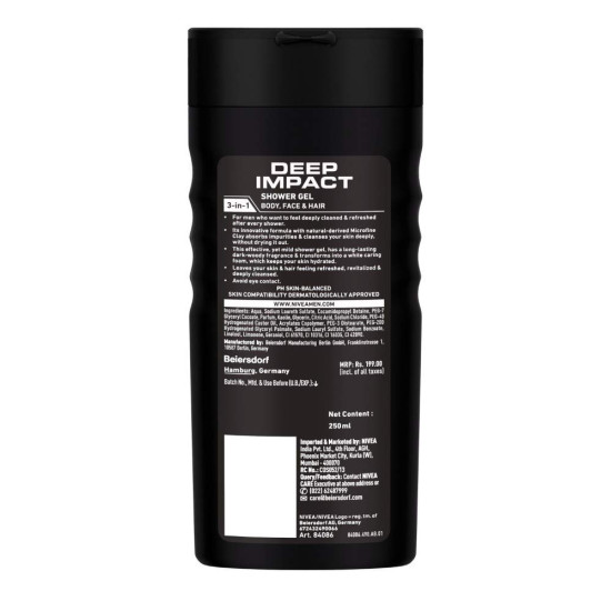 Nivea Men Body Wash - Deep Impact 3-in-1 Shower Gel with Microfine Clay