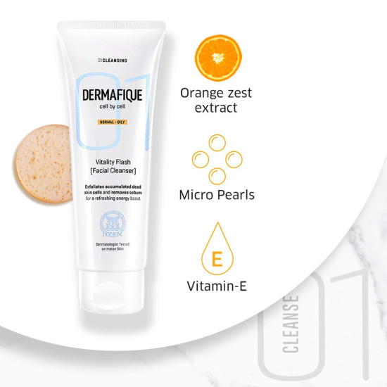 Dermafique Vitality Flash Facial Cleanser - Exfoliating Face Wash with Orange Zest