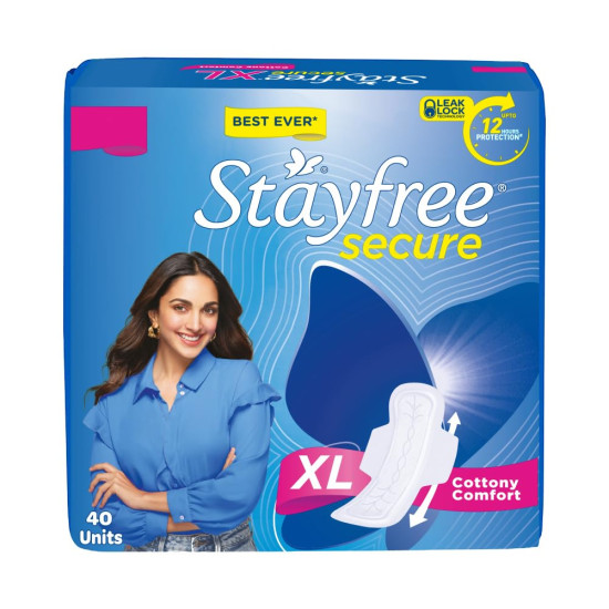 Stayfree Secure xl | 40 Pads | Cottony Soft Sanitary Pads for Women | With LeakLock Technology | Odour Control | Absorbs upto 100% fluid | Up to 12 Hours of Protection |