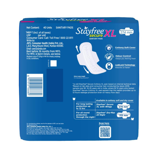 Stayfree Secure xl | 40 Pads | Cottony Soft Sanitary Pads for Women | With LeakLock Technology | Odour Control | Absorbs upto 100% fluid | Up to 12 Hours of Protection |