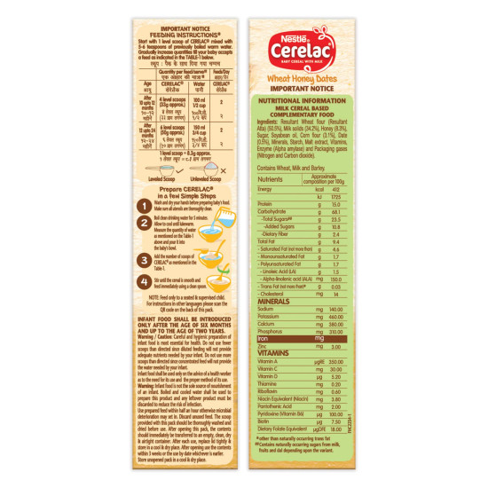 Nestle Cerelac Baby Cereal with Milk, Wheat Honey Dates - Source of Iron & Protein