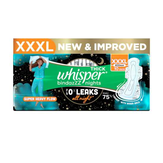 Whisper Bindazzz Nights 10 XXXL Sanitary Pads, Upto 0% Leaks All Night Long, For Super Heavy Flow, Nearly 75% Longer with Wider Back, Double hug wings keep pad in place , Disposable Wrapper