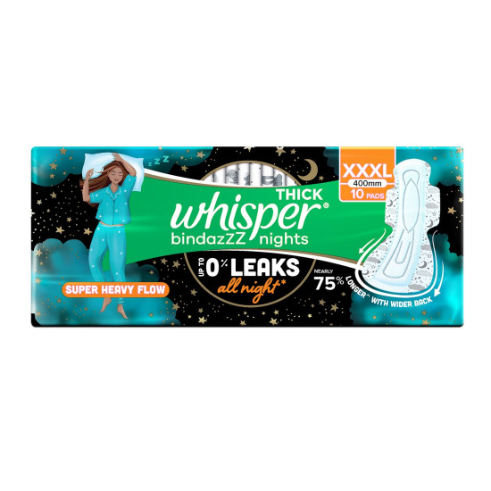 Whisper Bindazzz Nights 10 XXXL Sanitary Pads, Upto 0% Leaks All Night Long, For Super Heavy Flow, Nearly 75% Longer with Wider Back, Double hug wings keep pad in place , Disposable Wrapper